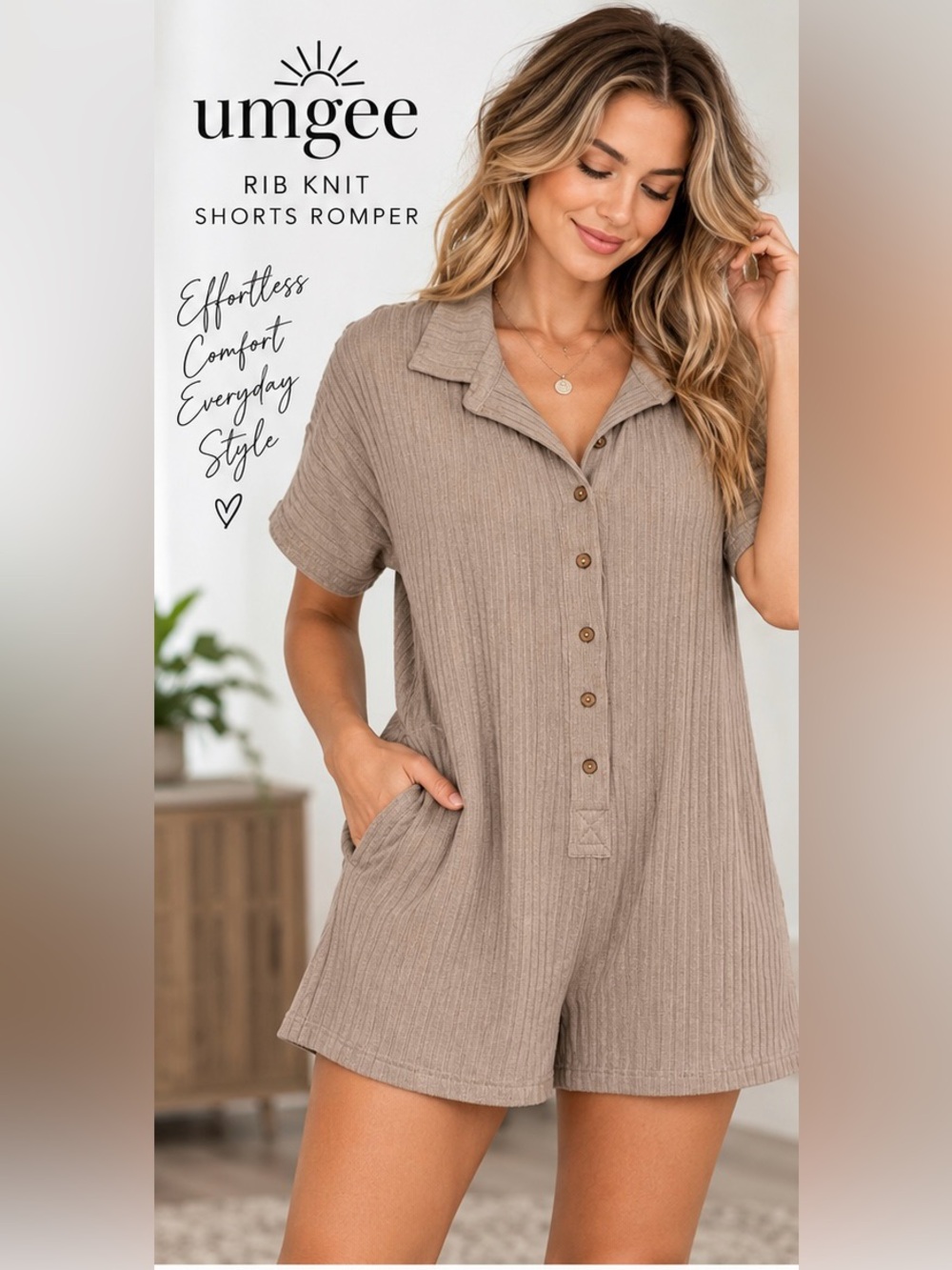 Umgee Taupe Ribbed Button Front Shorts Romper NWT